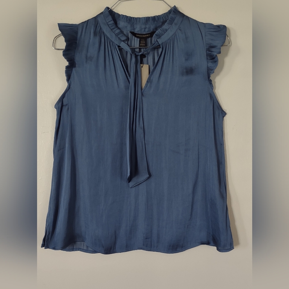 Banana Republic Slate Blue Tie-Neck Ruffle Sleeveless Top XXS NWT